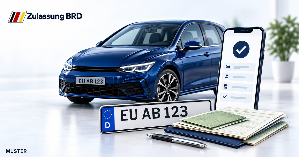Online Fahrzeugzulassung in Zülpich: Musterkennzeichen EU AB 123, Auto und Fahrzeugpapiere und Smartphone. Illustration mit Logo von Zulassung BRD.